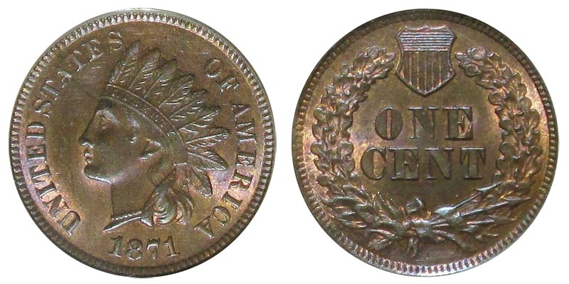 1871 Indian Head Penny comparison: Shallow N reverse (left) vs Bold N reverse (right), showing the N depth difference in ONE CENT