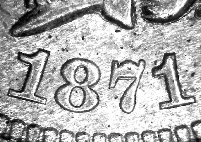 1871 Indian Head Penny Repunched Date (RPD-001 / Snow-2) macro showing ghost impressions of earlier date punch beneath the 1871 numerals