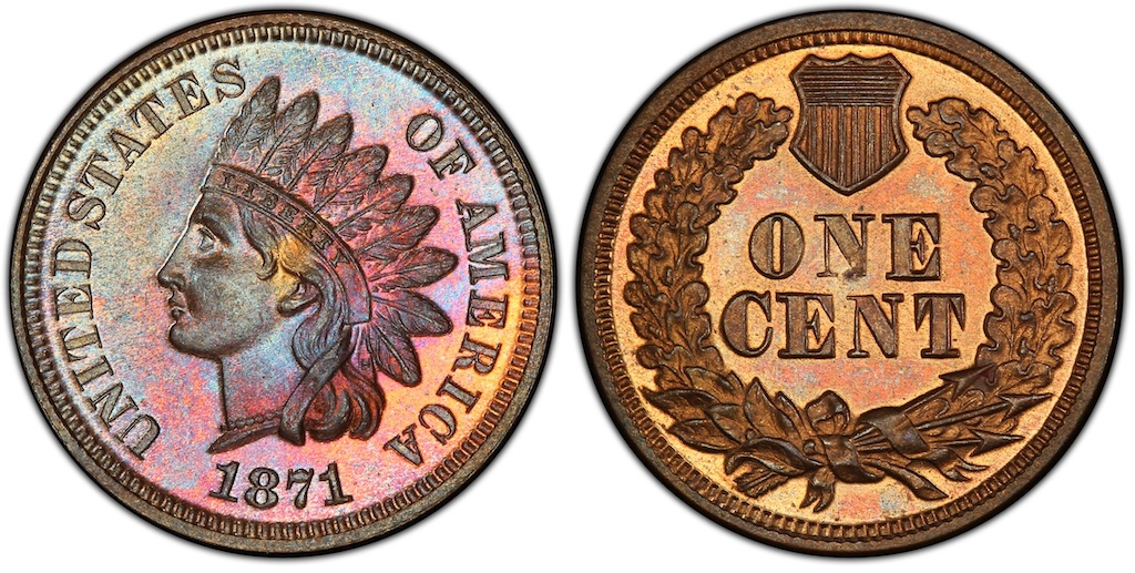 Historical Philadelphia Mint facility circa 1871 or group of 1871 Indian Head Pennies showing varying grades from worn to uncirculated