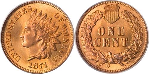 1871 Indian Head Penny grading strip showing four condition tiers: Good, Fine, Extremely Fine, and Uncirculated, side-by-side for comparison